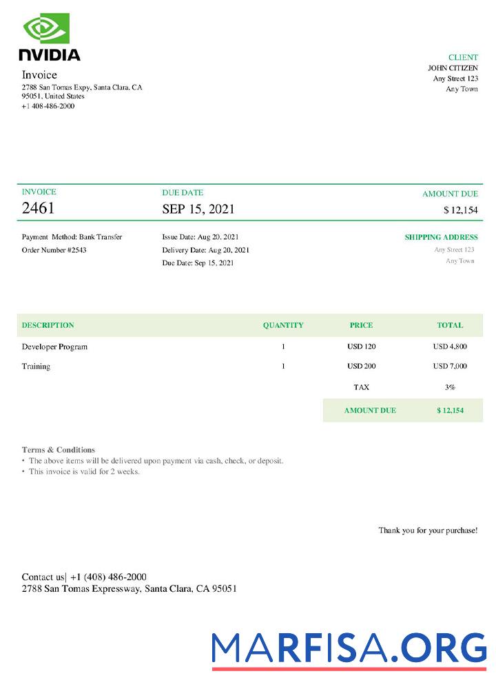Downloadable USA Nvidia invoice sample